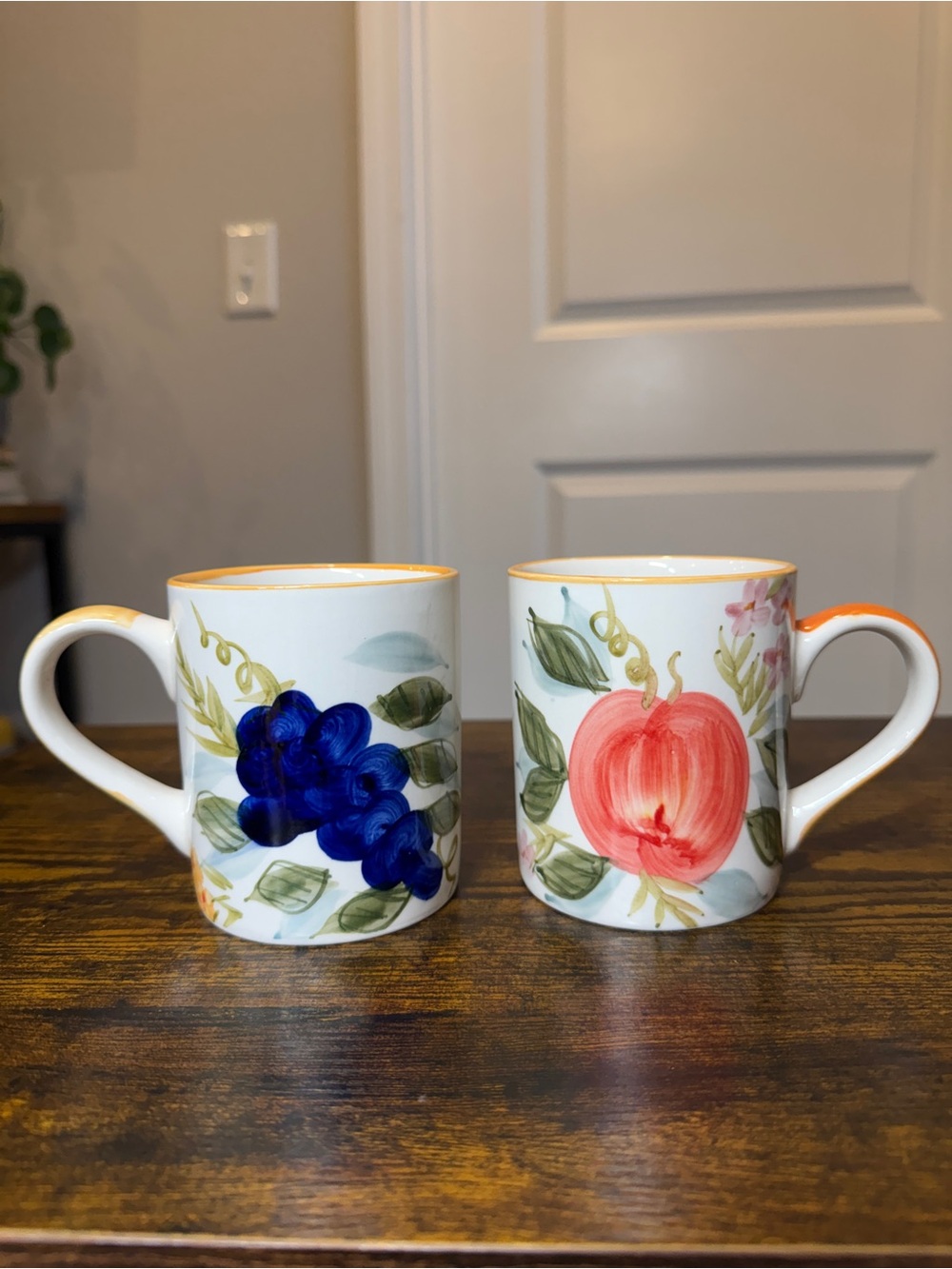 2 Hand Painted Ceramic Mugs Apple & Grapes Fruit Floral Colorful Coffee Cups